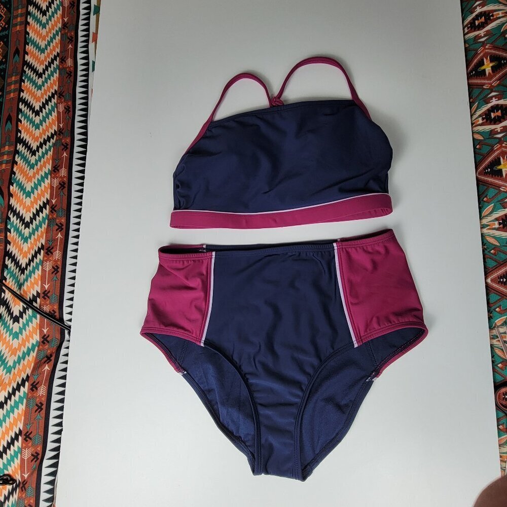 All In Motion 2-Piece Swimsuit Swimwear Size Small Blue Burgundy Colorblock High